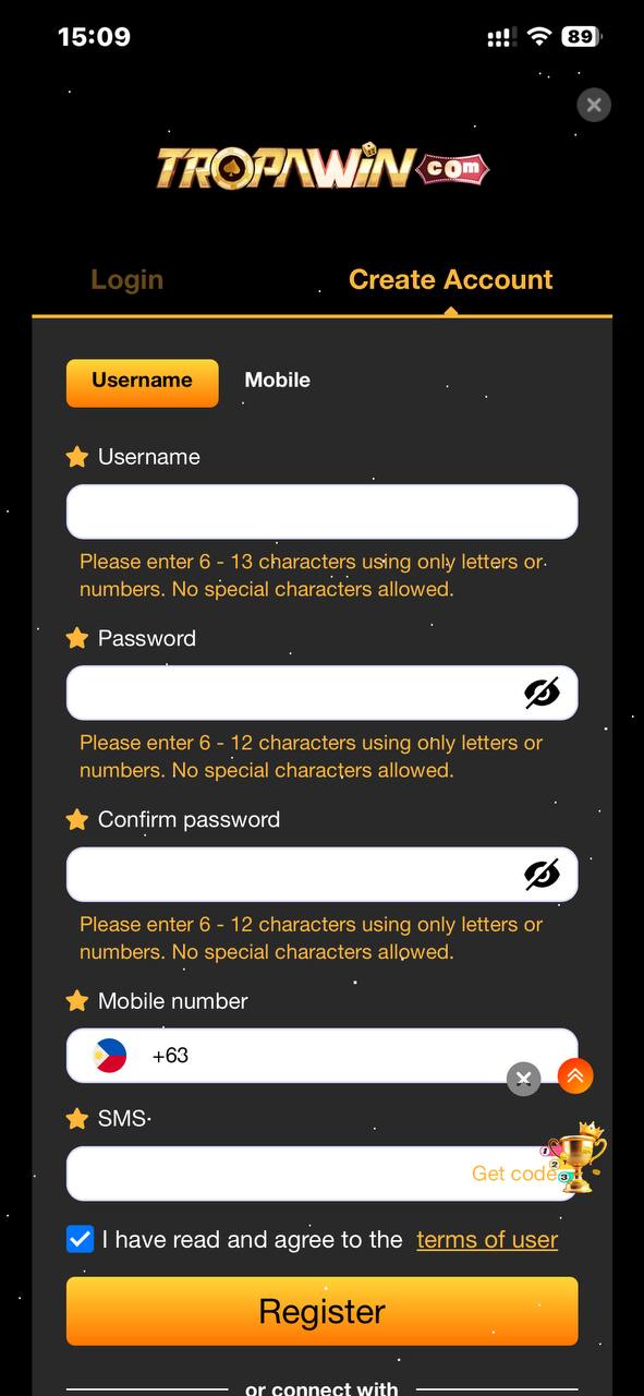 TROPAWIN register page for login access, games entry, app download, and online casino membership